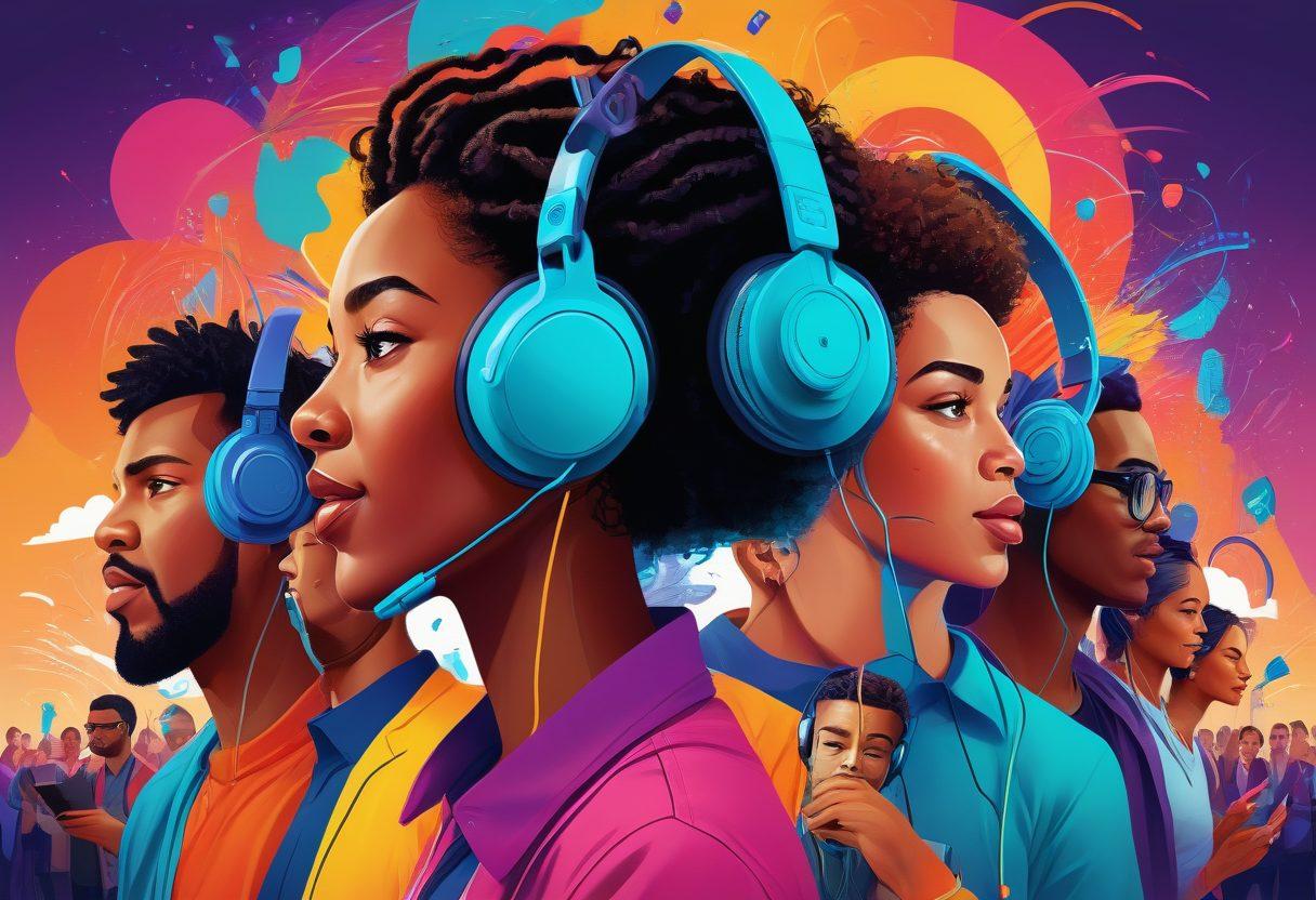 A dynamic illustration showcasing a diverse group of people with headphones immersed in vibrant podcast waves, surrounded by various podcast-themed icons like microphones, sound waves, and playback buttons. In the background, a colorful marketplace bustling with energy and creativity. The scene evokes a sense of discovery and connection through audio. vibrant colors. modern digital art.