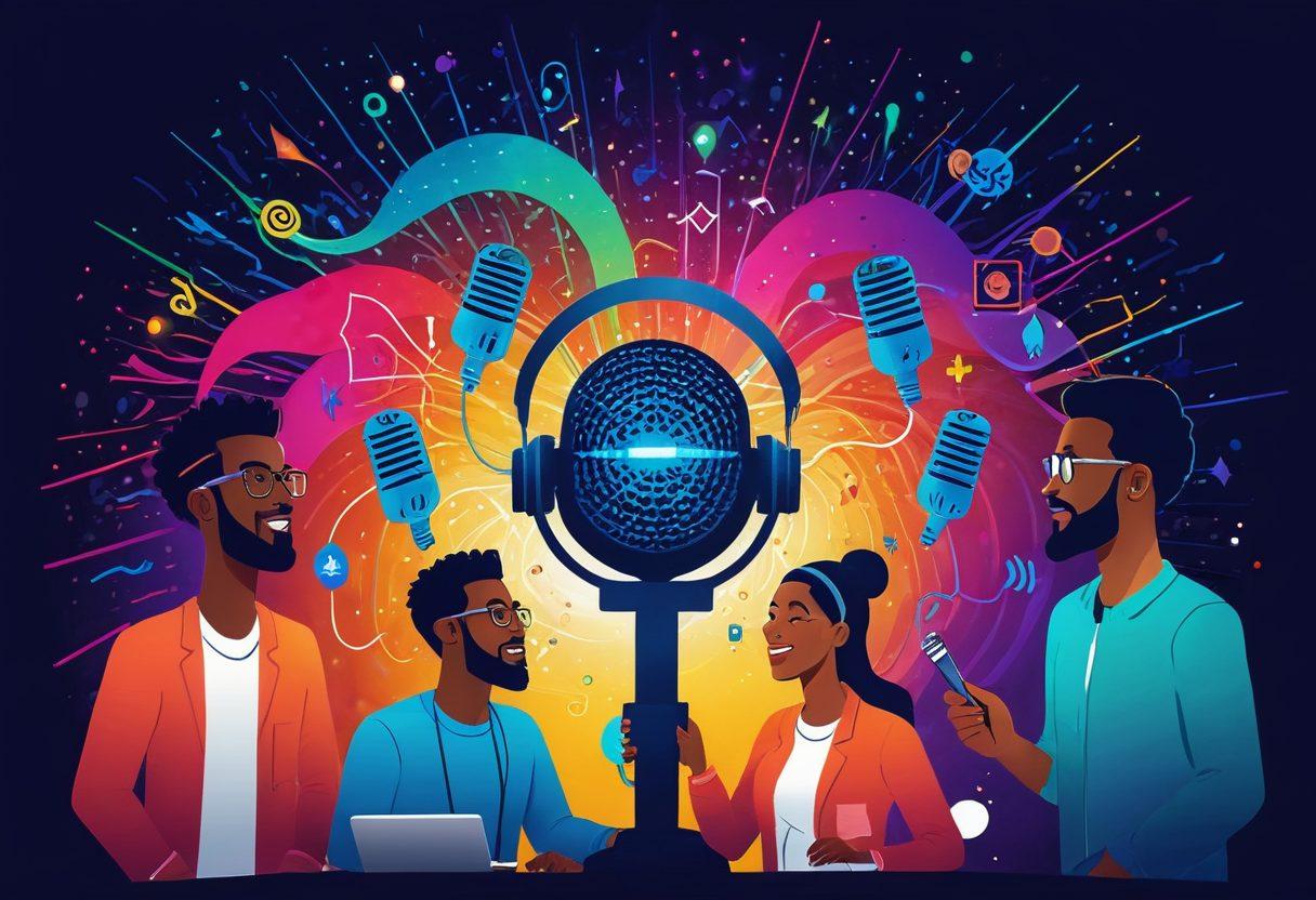 A dynamic and colorful illustration featuring a diverse group of podcasters brainstorming ideas around a glowing microphone, surrounded by sound waves and digital icons representing various podcast platforms. Creative ideas are visually represented as colorful sparks and lightbulbs emanating from their heads. The background should be an engaging abstract design symbolizing the podcast marketplace. vibrant colors. digital art.