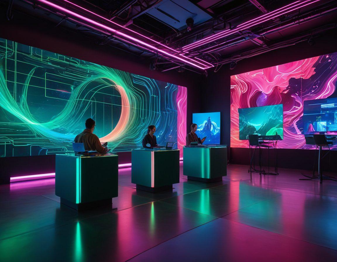 A futuristic scene depicting a diverse group of podcasters and their audience interacting through advanced audio technology. Showcase colorful sound waves connecting the podcasters in a modern studio environment with dynamic holographic displays of listeners around the world. Include elements of collaboration, such as shared ideas flowing through the sound waves. Vibrant colors. 3D. cyberpunk style.